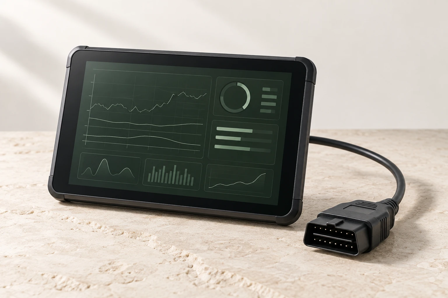 Gestileerd sfeerbeeld van een diagnosetablet en OBD-aansluiting