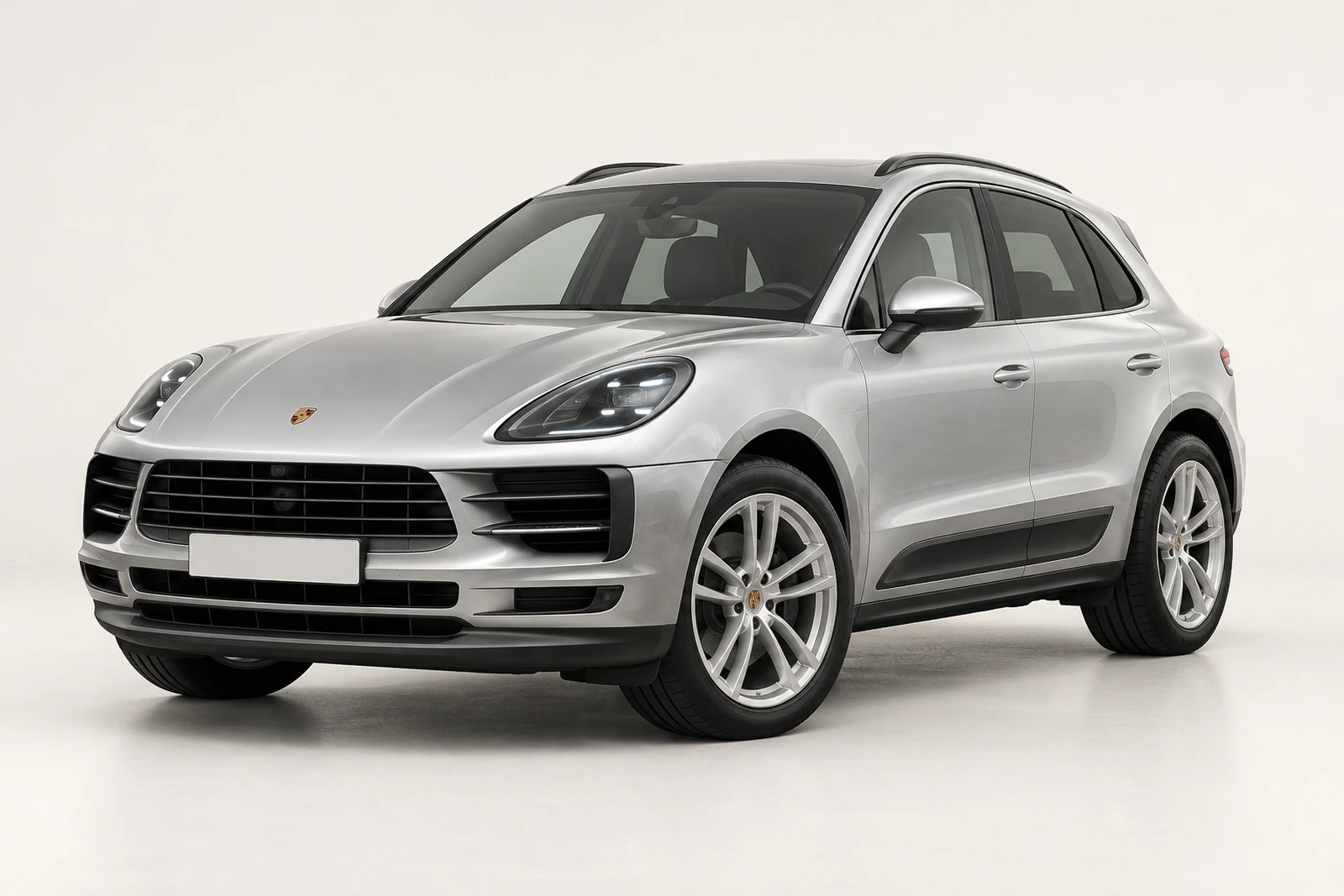 Gestileerd studiobeeld van een zilveren Porsche Macan